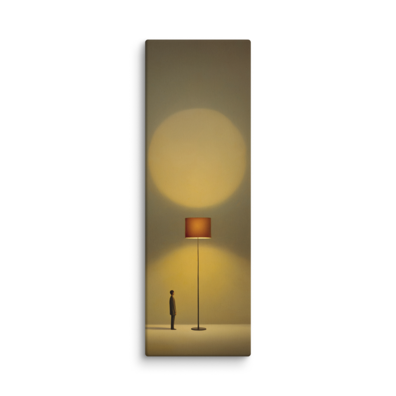 Tiny Figure & Lamp Canvas Print – Minimalist Surrealist Wall Art | Japandi Warm Home Decor