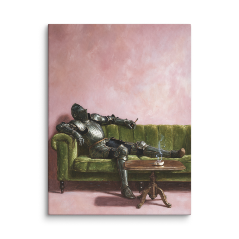 Surrealist Wall Art – Knight on Sofa Canvas Print | Funny Eclectic Maximalist Home Decor
