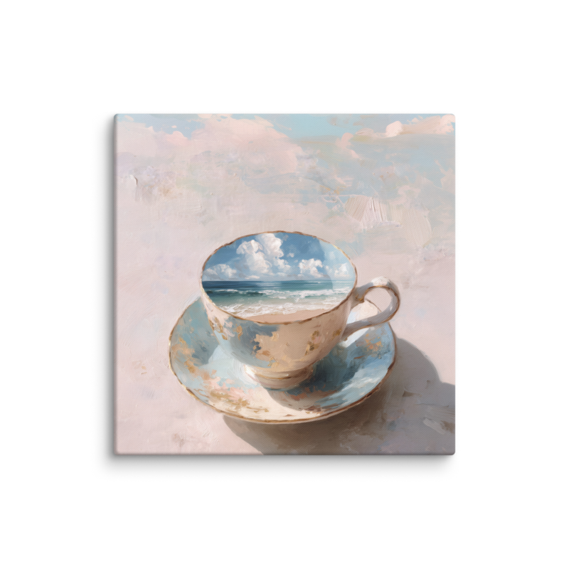 Coastal Teacup Canvas Print – Surreal Ocean Wall Art | Whimsical Beachy Home Decor