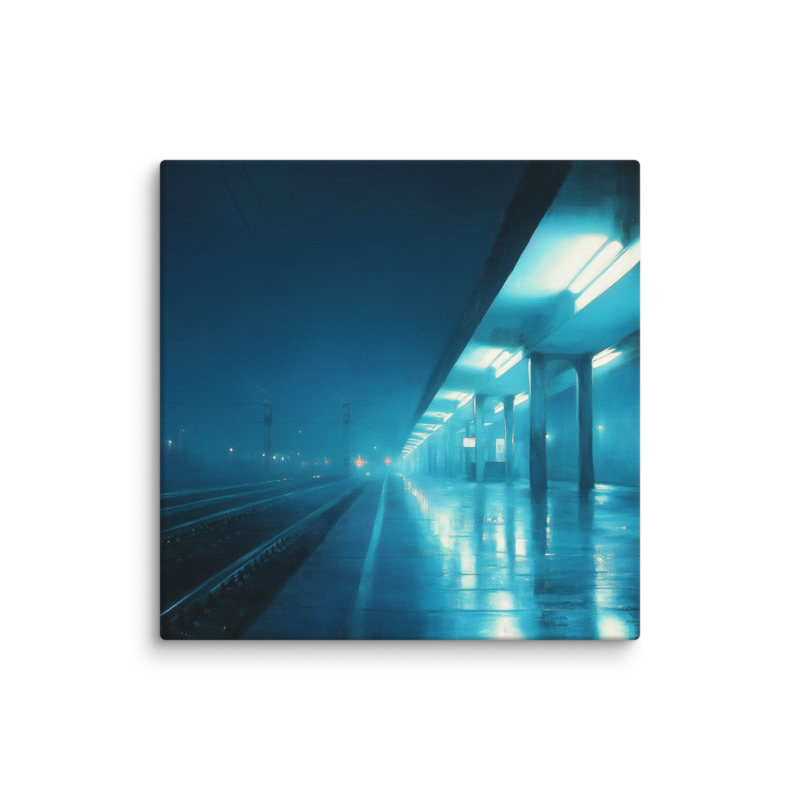 Moody Urban Wall Art – Rainy Train Platform Canvas Print | Dark Blue Cinematic Home Decor