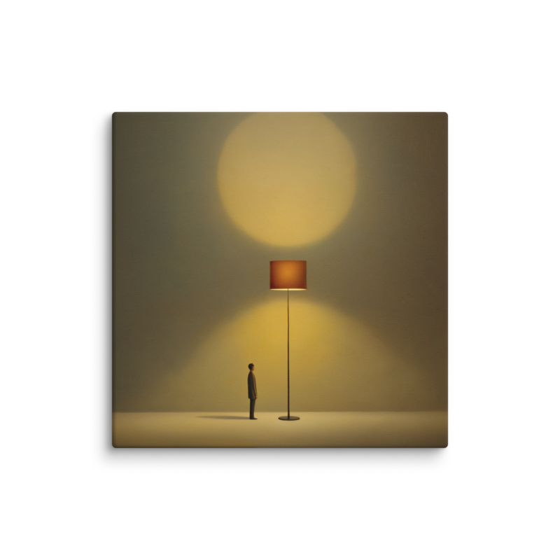 Tiny Figure & Lamp Canvas Print – Minimalist Surrealist Wall Art | Japandi Warm Home Decor