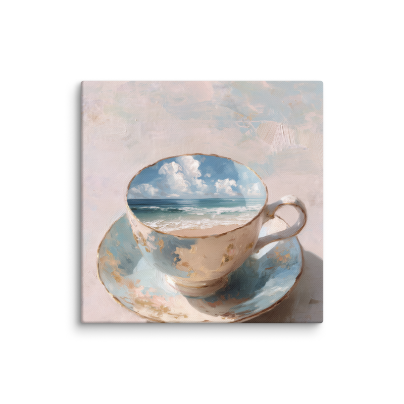 Coastal Teacup Canvas Print – Surreal Ocean Wall Art | Whimsical Beachy Home Decor