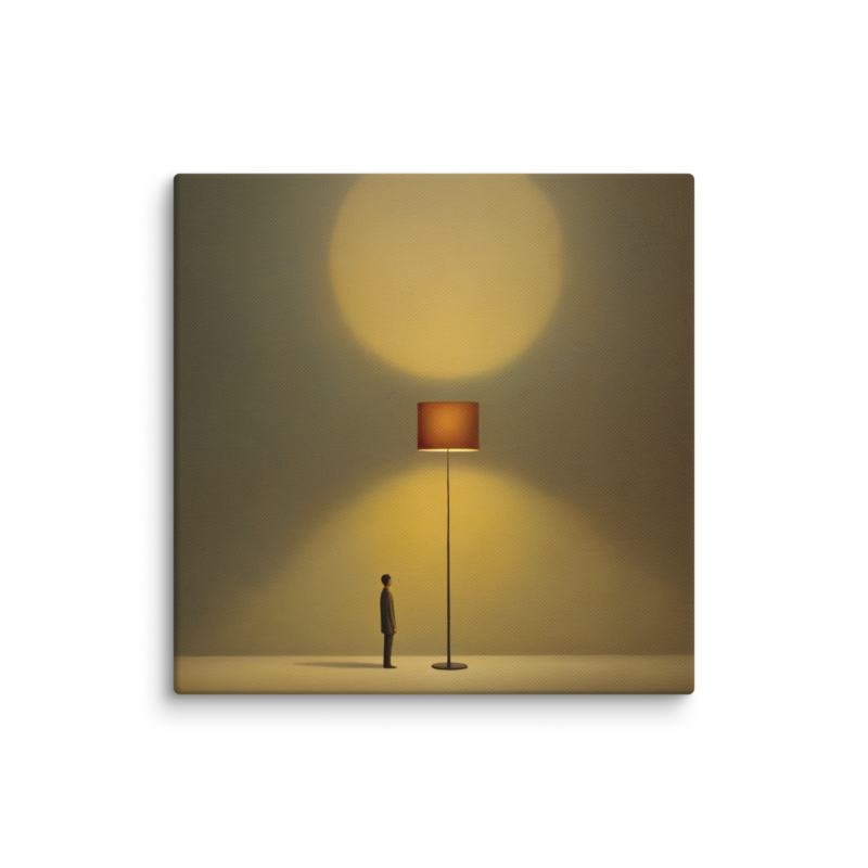 Tiny Figure & Lamp Canvas Print – Minimalist Surrealist Wall Art | Japandi Warm Home Decor