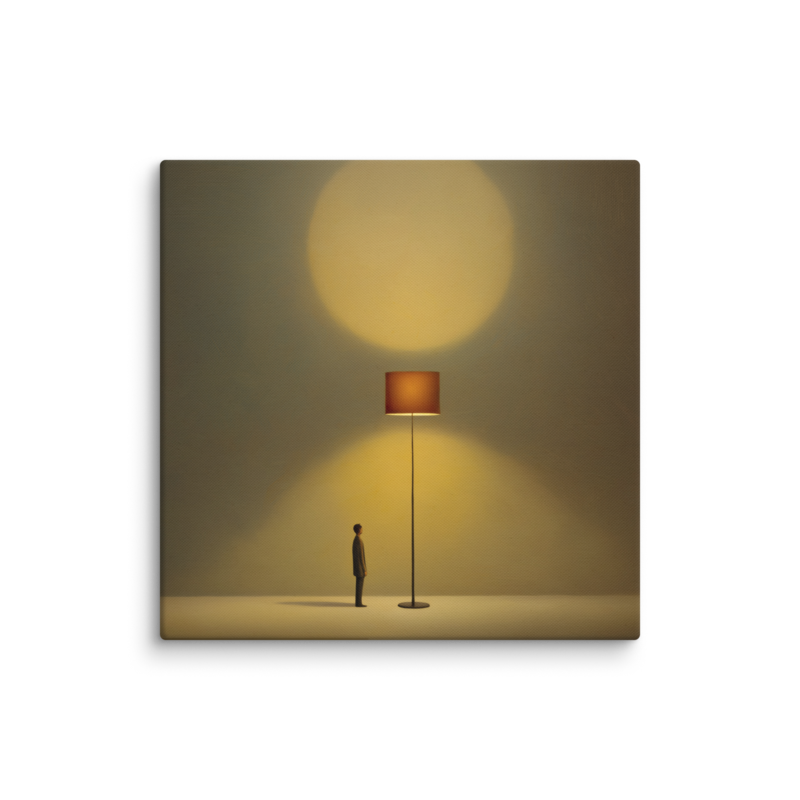 Tiny Figure & Lamp Canvas Print – Minimalist Surrealist Wall Art | Japandi Warm Home Decor
