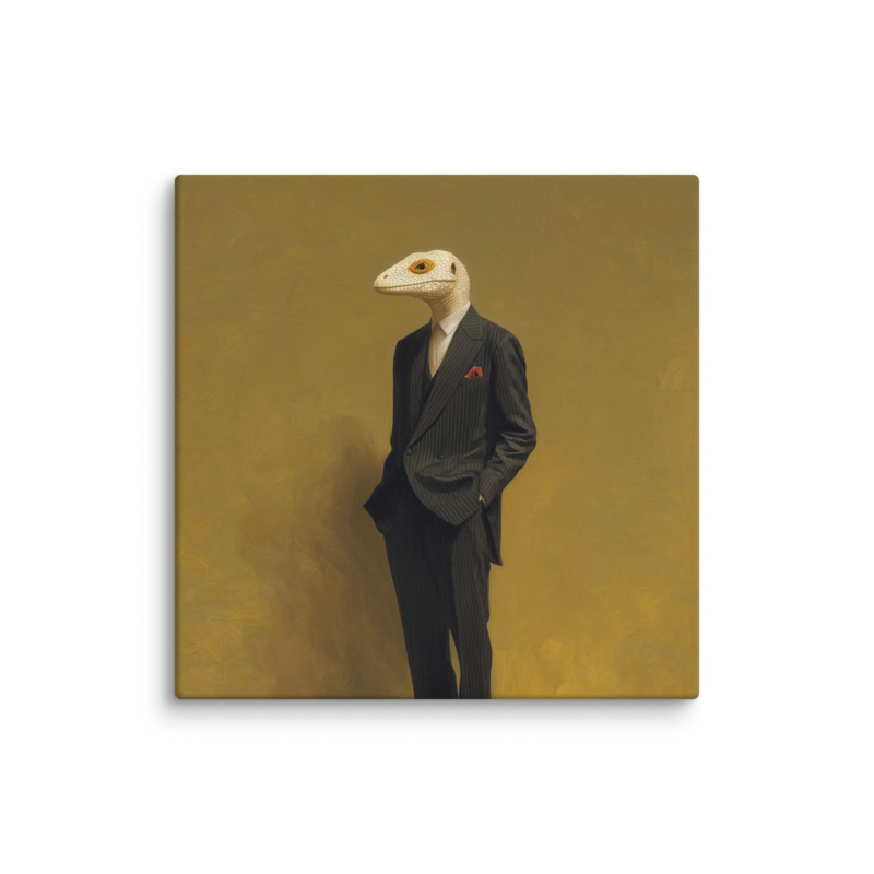 Lizard in a Suit Canvas Print – Surrealist Portrait Wall Art | Eclectic Maximalist Home Decor