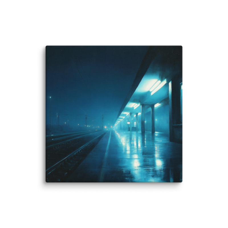 Moody Urban Wall Art – Rainy Train Platform Canvas Print | Dark Blue Cinematic Home Decor