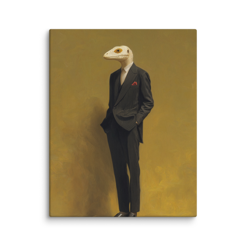 Lizard in a Suit Canvas Print – Surrealist Portrait Wall Art | Eclectic Maximalist Home Decor