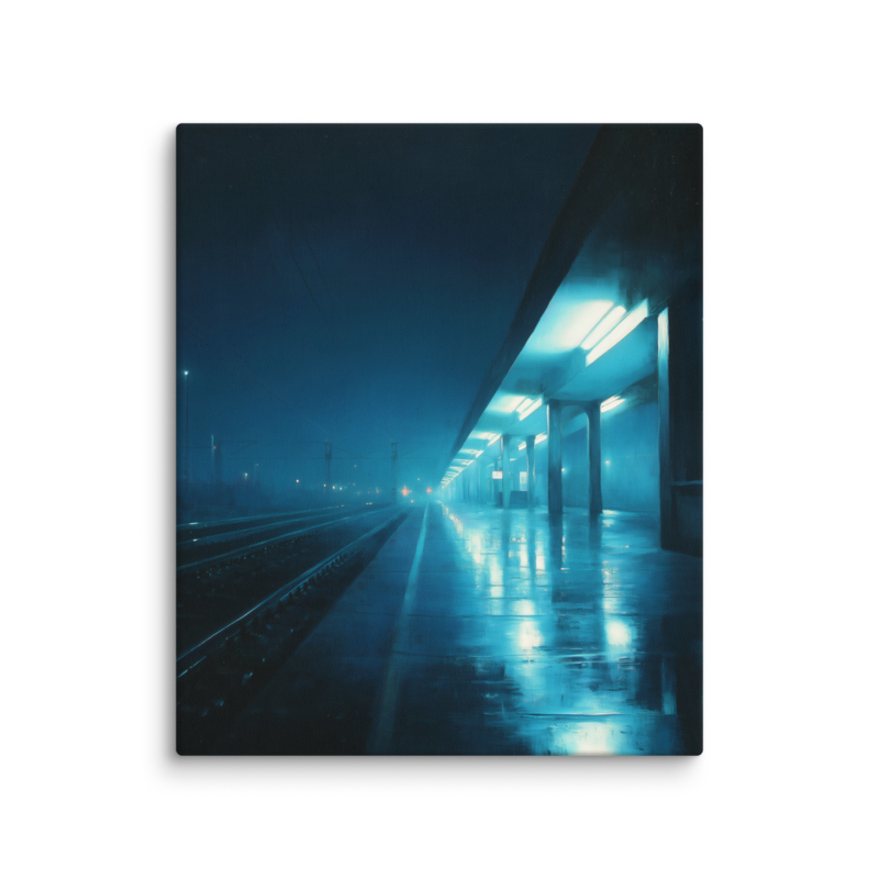 Moody Urban Wall Art – Rainy Train Platform Canvas Print | Dark Blue Cinematic Home Decor
