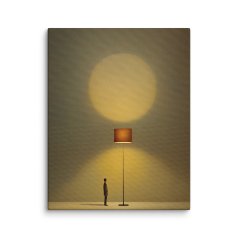 Tiny Figure & Lamp Canvas Print – Minimalist Surrealist Wall Art | Japandi Warm Home Decor