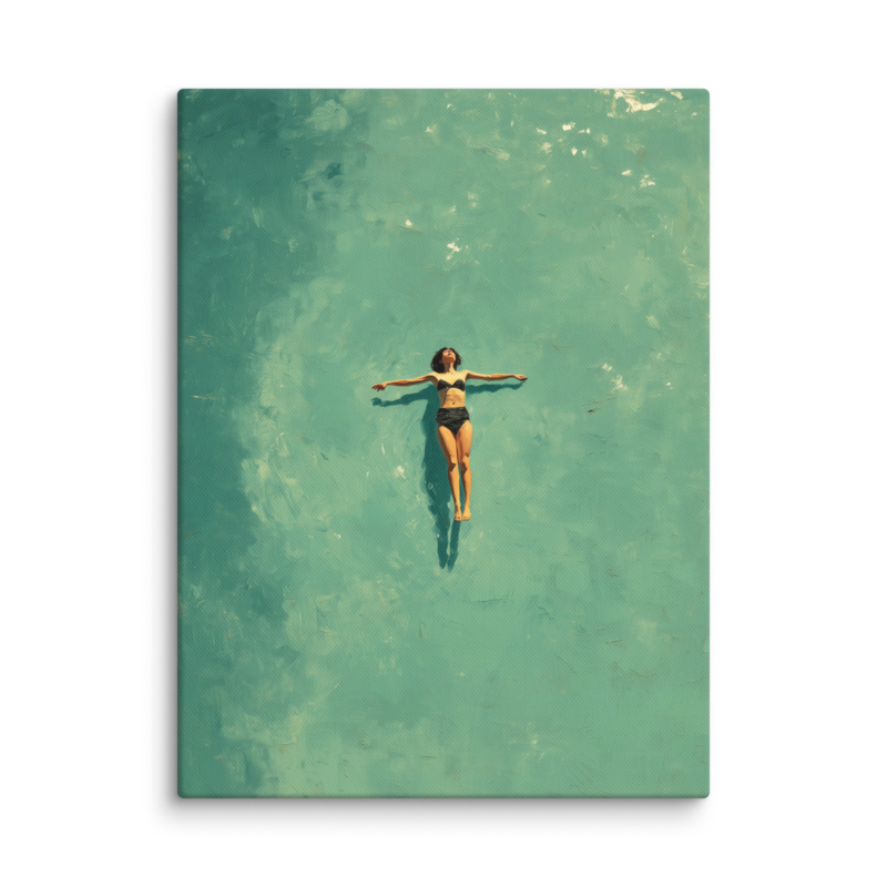 Floating Figure Canvas Print – Teal Pool Wall Art | Minimalist Contemplative Home Decor