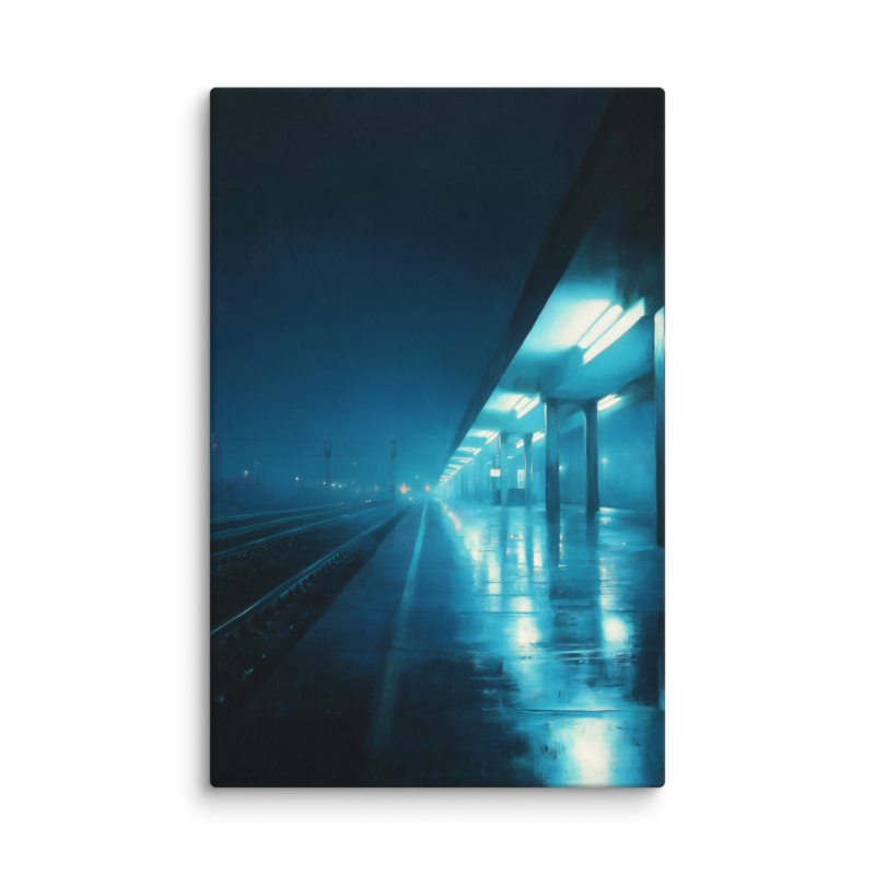 Moody Urban Wall Art – Rainy Train Platform Canvas Print | Dark Blue Cinematic Home Decor