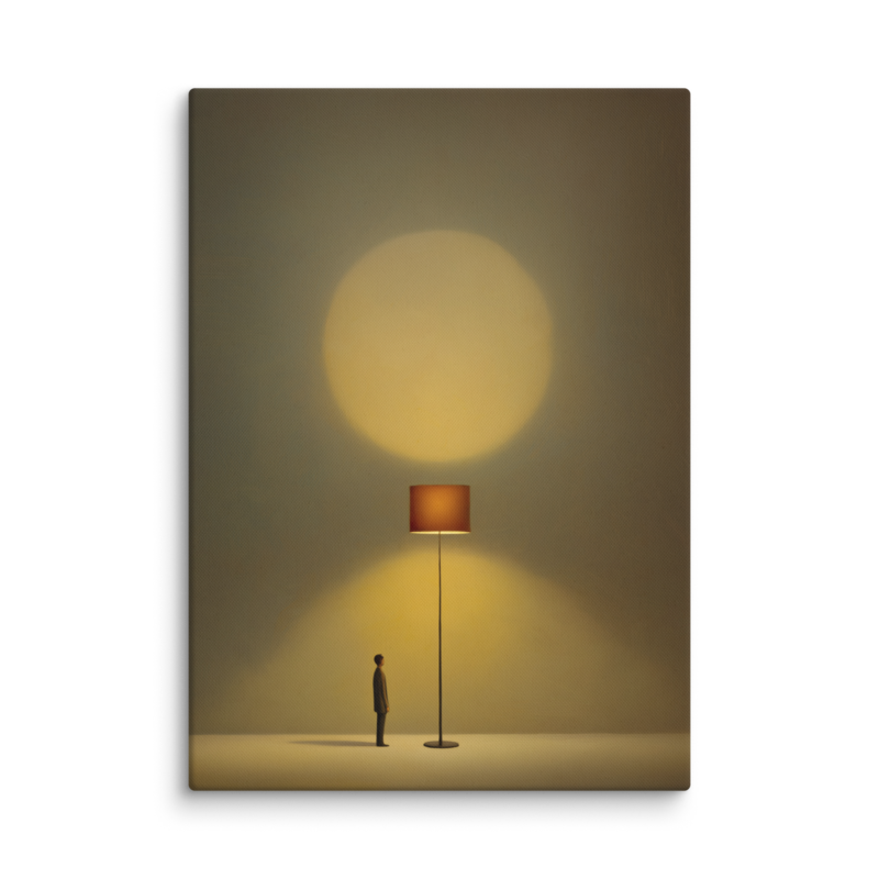 Tiny Figure & Lamp Canvas Print – Minimalist Surrealist Wall Art | Japandi Warm Home Decor