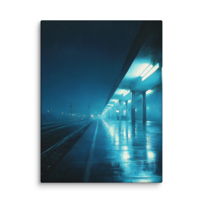 Moody Urban Wall Art – Rainy Train Platform Canvas Print | Dark Blue Cinematic Home Decor