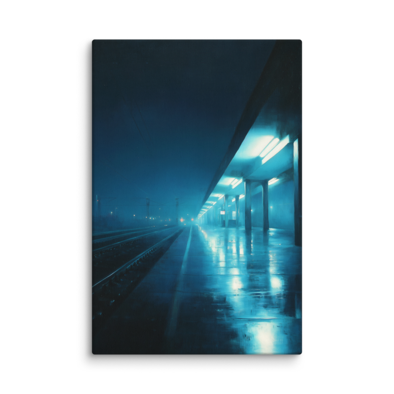 Moody Urban Wall Art – Rainy Train Platform Canvas Print | Dark Blue Cinematic Home Decor