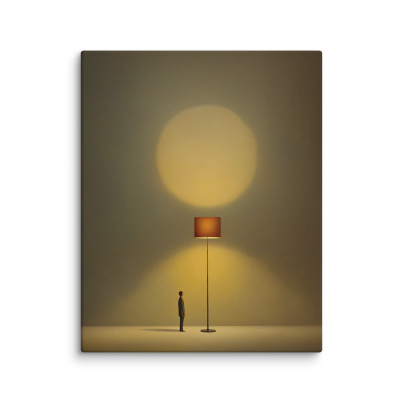 Tiny Figure & Lamp Canvas Print – Minimalist Surrealist Wall Art | Japandi Warm Home Decor