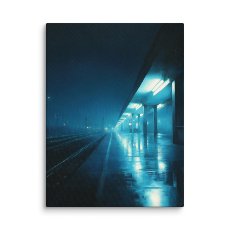 Moody Urban Wall Art – Rainy Train Platform Canvas Print | Dark Blue Cinematic Home Decor