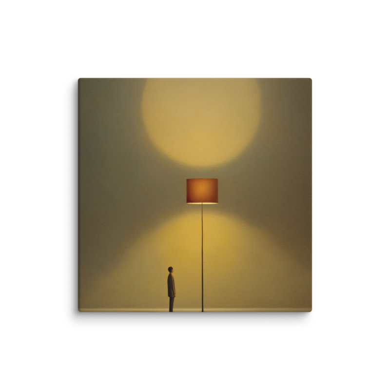 Tiny Figure & Lamp Canvas Print – Minimalist Surrealist Wall Art | Japandi Warm Home Decor