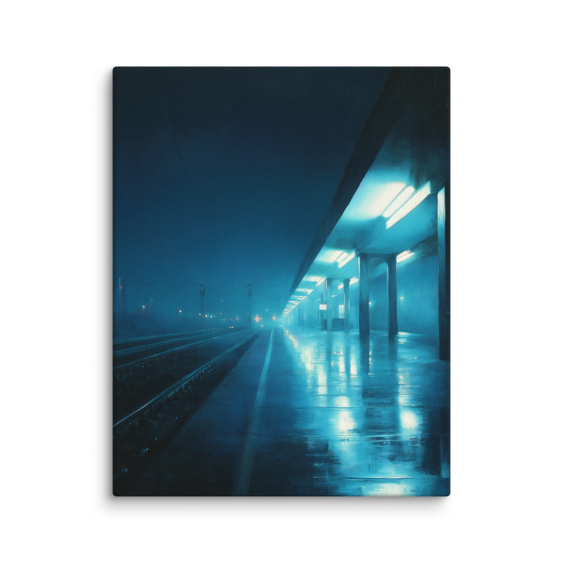 Moody Urban Wall Art – Rainy Train Platform Canvas Print | Dark Blue Cinematic Home Decor