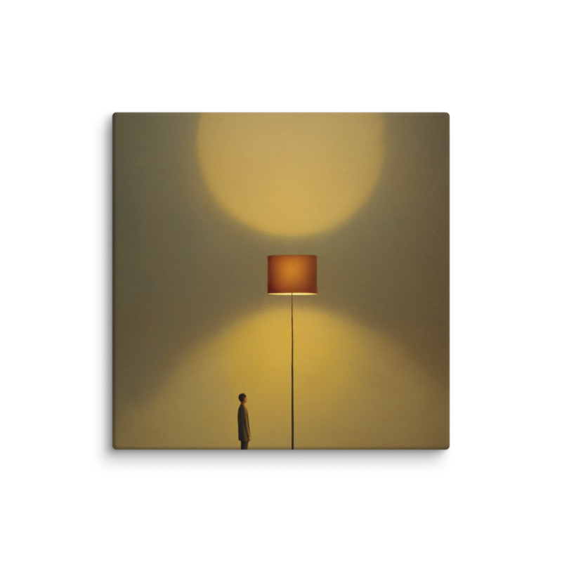 Tiny Figure & Lamp Canvas Print – Minimalist Surrealist Wall Art | Japandi Warm Home Decor