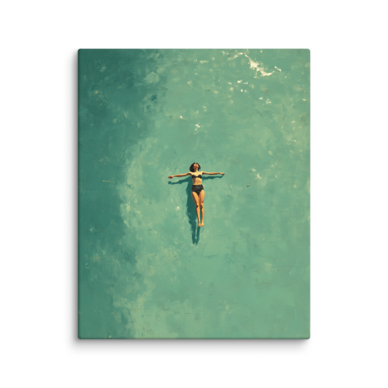 Floating Figure Canvas Print – Teal Pool Wall Art | Minimalist Contemplative Home Decor