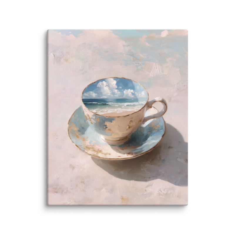 Coastal Teacup Canvas Print – Surreal Ocean Wall Art | Whimsical Beachy Home Decor