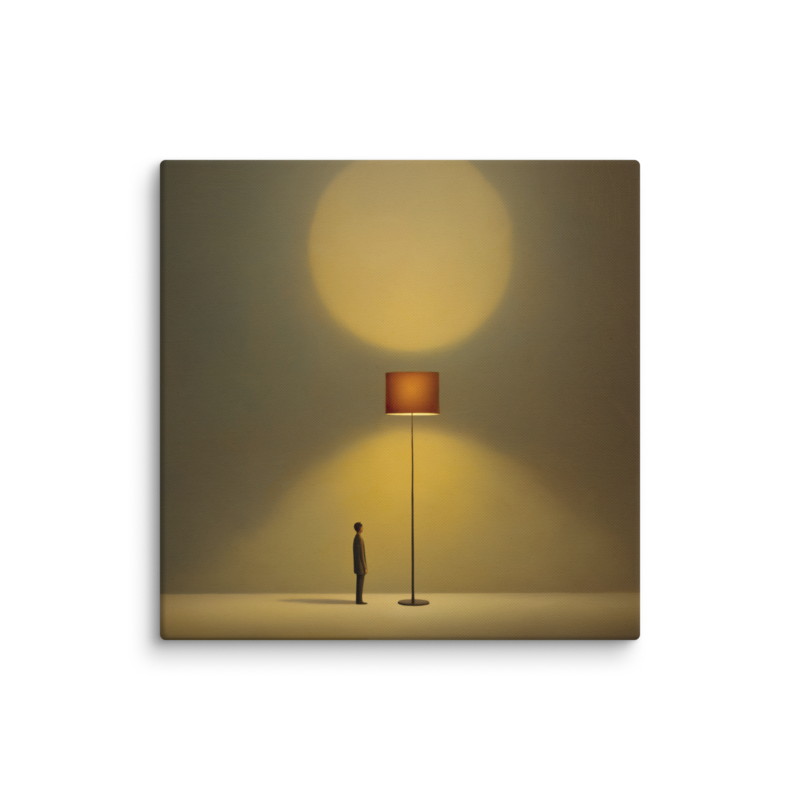 Tiny Figure & Lamp Canvas Print – Minimalist Surrealist Wall Art | Japandi Warm Home Decor