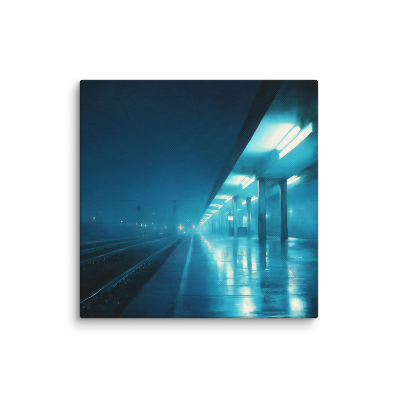 Moody Urban Wall Art – Rainy Train Platform Canvas Print | Dark Blue Cinematic Home Decor