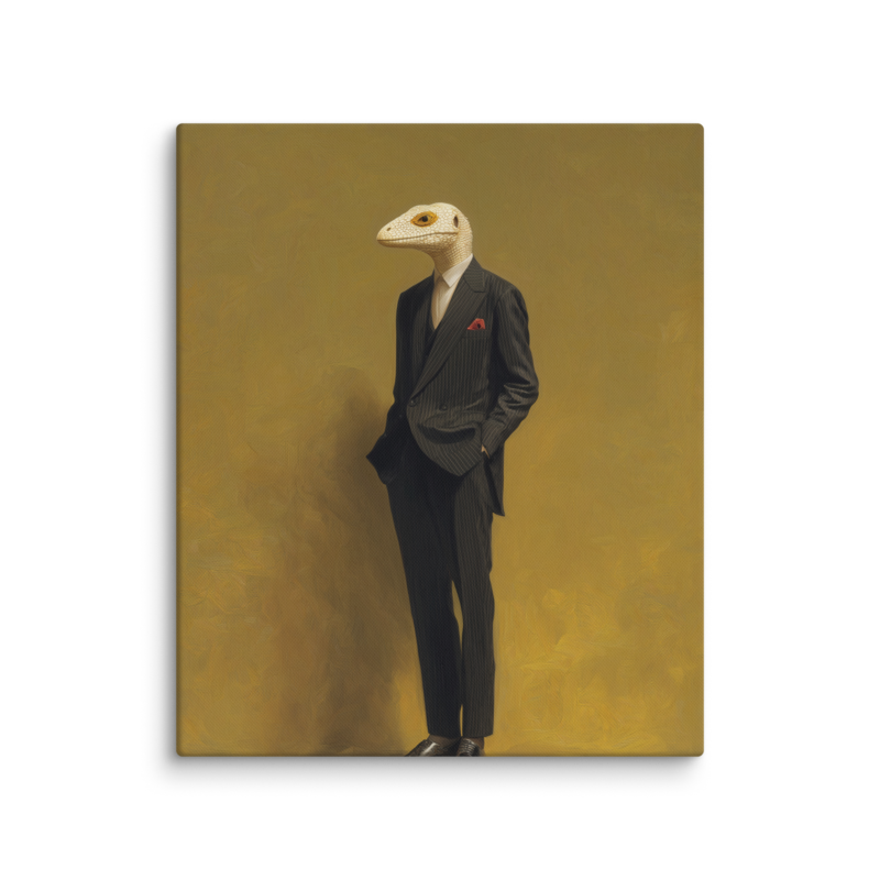 Lizard in a Suit Canvas Print – Surrealist Portrait Wall Art | Eclectic Maximalist Home Decor