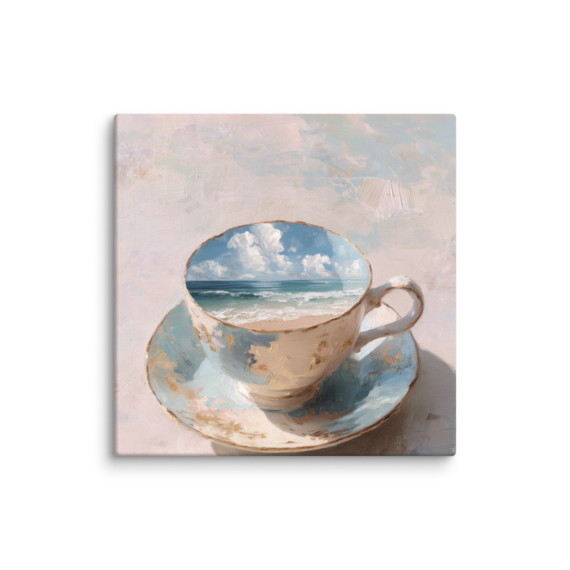 Coastal Teacup Canvas Print – Surreal Ocean Wall Art | Whimsical Beachy Home Decor