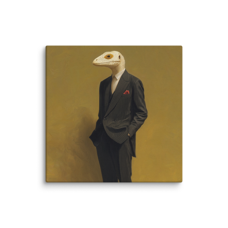 Lizard in a Suit Canvas Print – Surrealist Portrait Wall Art | Eclectic Maximalist Home Decor
