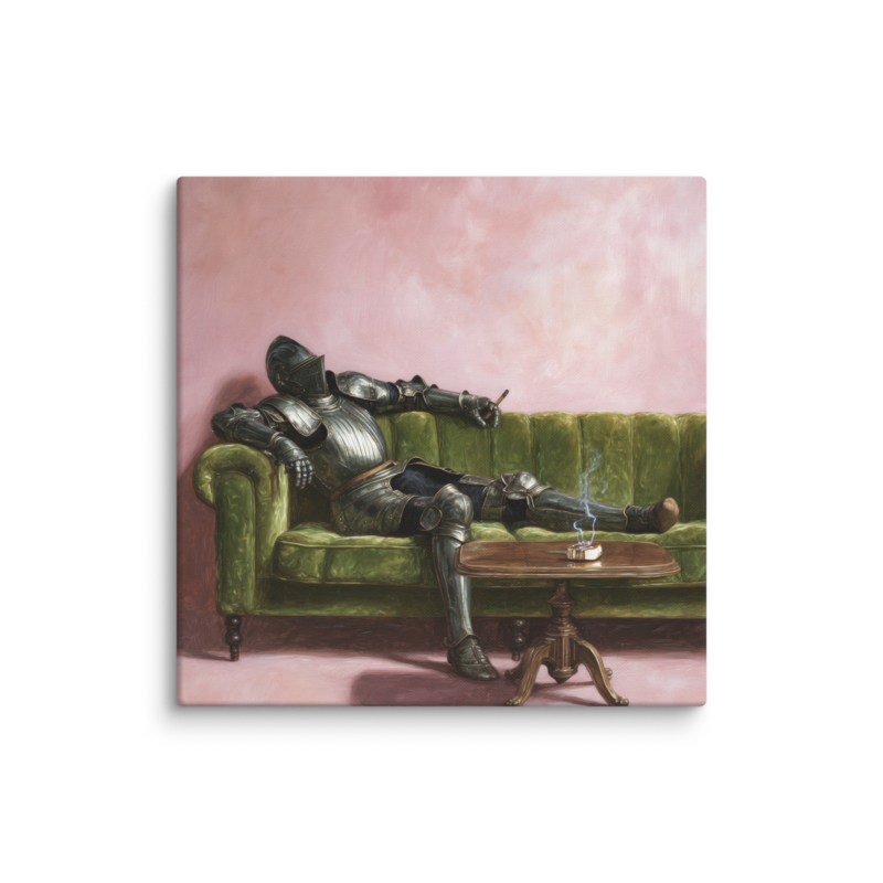 Surrealist Wall Art – Knight on Sofa Canvas Print | Funny Eclectic Maximalist Home Decor