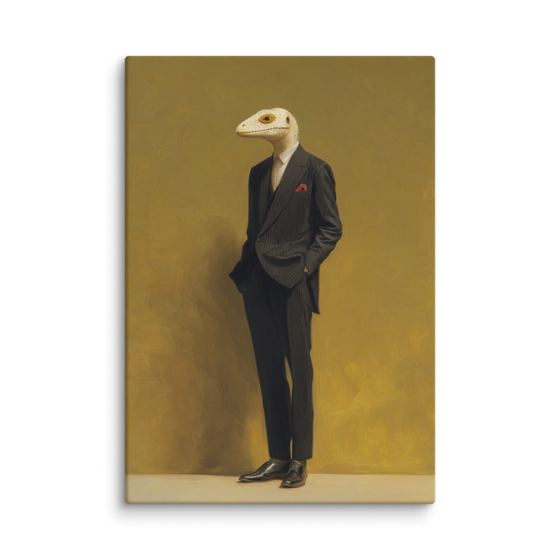 Lizard in a Suit Canvas Print – Surrealist Portrait Wall Art | Eclectic Maximalist Home Decor
