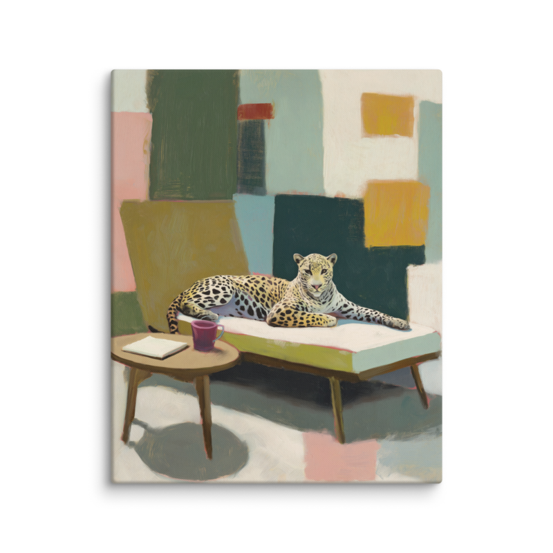 Leopard on Daybed Canvas Print – MCM Wall Art | Dopamine Decor Mid Century Modern Home Decor
