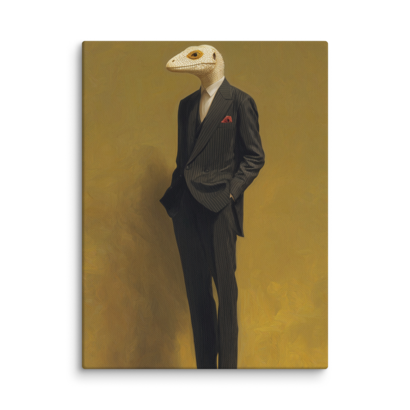 Lizard in a Suit Canvas Print – Surrealist Portrait Wall Art | Eclectic Maximalist Home Decor