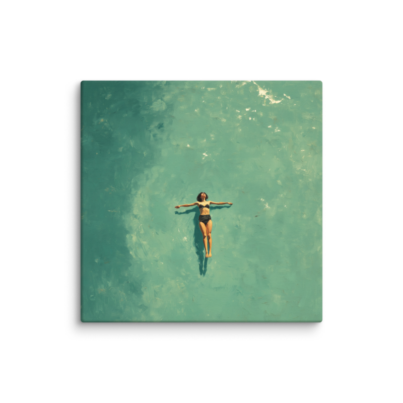 Floating Figure Canvas Print – Teal Pool Wall Art | Minimalist Contemplative Home Decor
