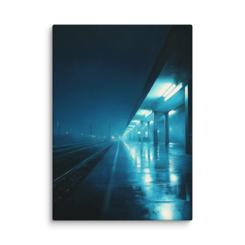 Moody Urban Wall Art – Rainy Train Platform Canvas Print | Dark Blue Cinematic Home Decor