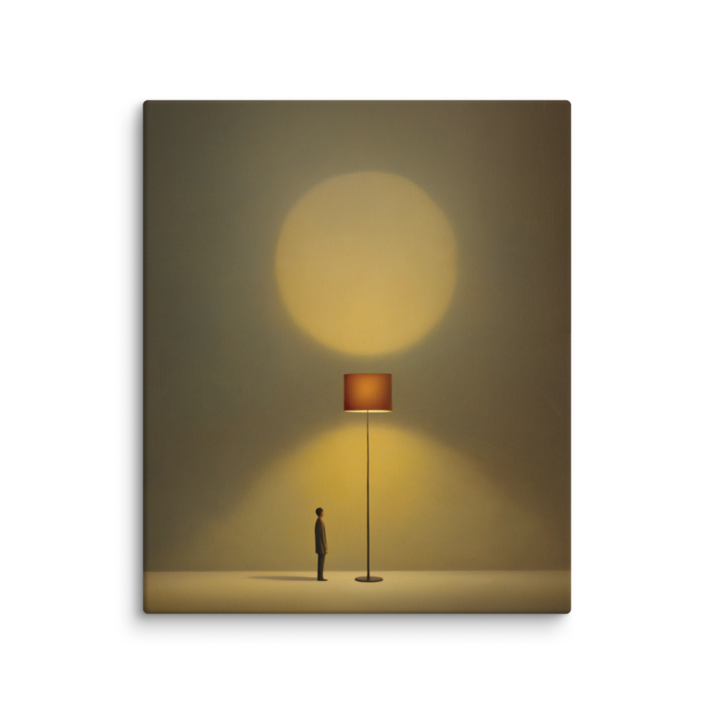 Tiny Figure & Lamp Canvas Print – Minimalist Surrealist Wall Art | Japandi Warm Home Decor