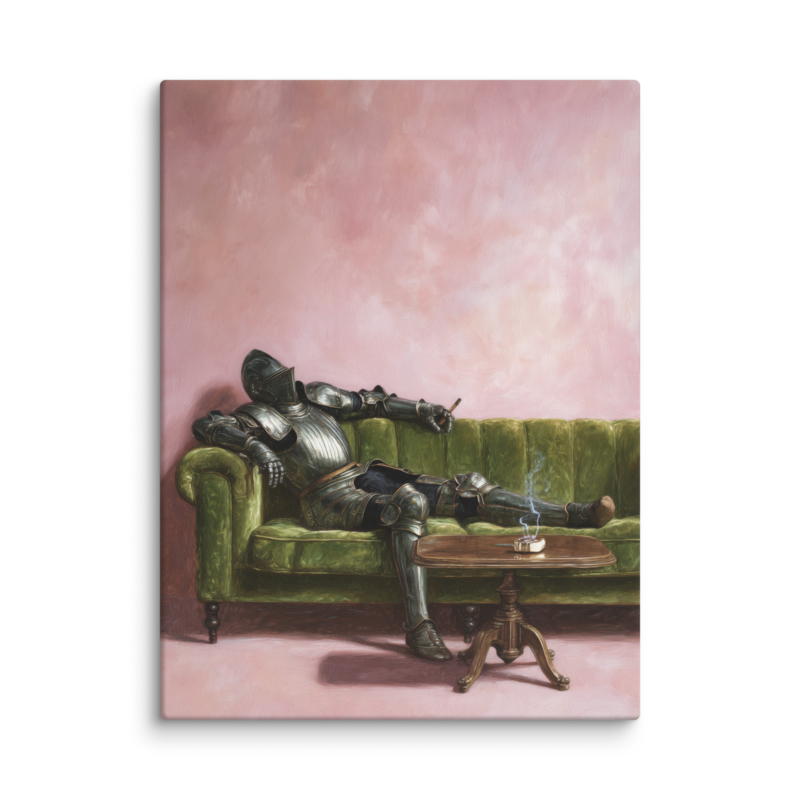 Surrealist Wall Art – Knight on Sofa Canvas Print | Funny Eclectic Maximalist Home Decor