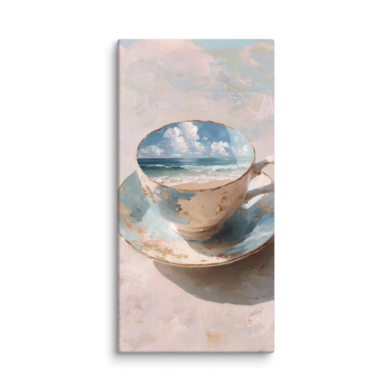 Coastal Teacup Canvas Print – Surreal Ocean Wall Art | Whimsical Beachy Home Decor