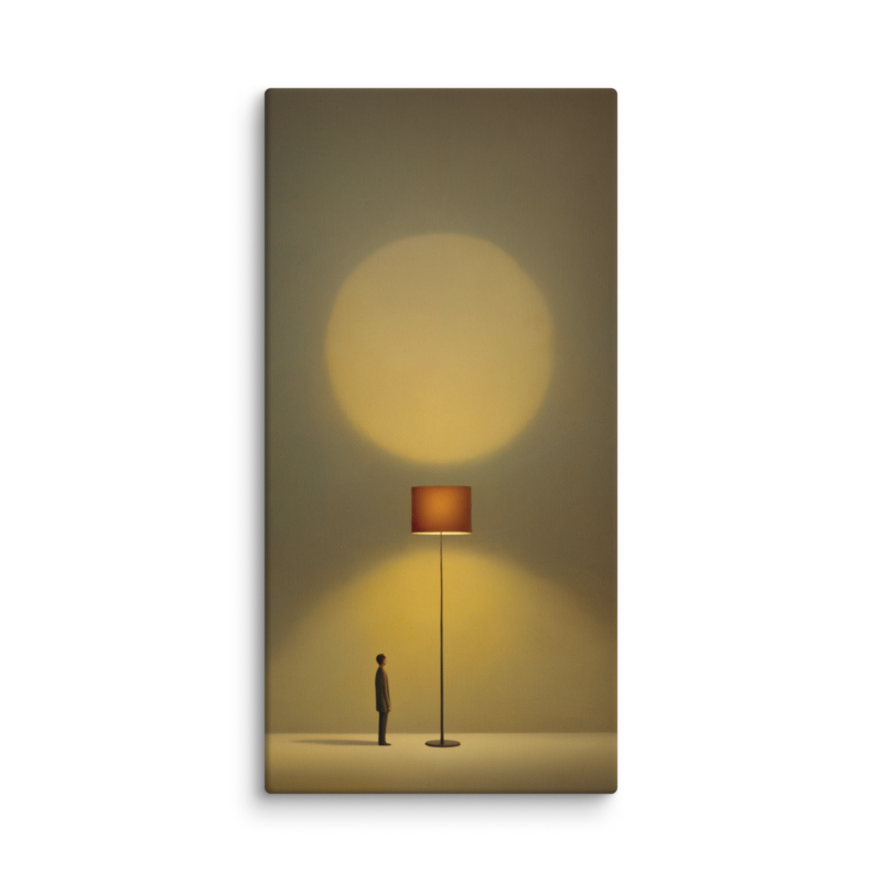 Tiny Figure & Lamp Canvas Print – Minimalist Surrealist Wall Art | Japandi Warm Home Decor