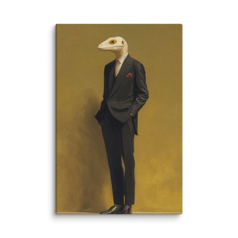 Lizard in a Suit Canvas Print – Surrealist Portrait Wall Art | Eclectic Maximalist Home Decor