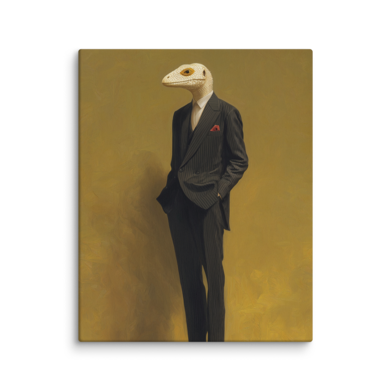 Lizard in a Suit Canvas Print – Surrealist Portrait Wall Art | Eclectic Maximalist Home Decor