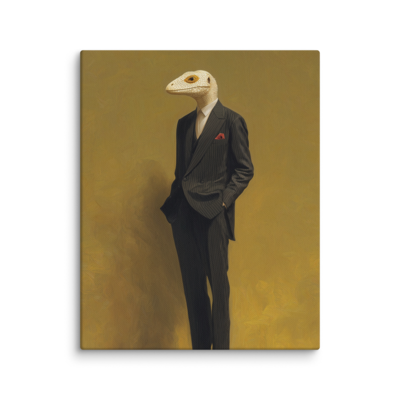 Lizard in a Suit Canvas Print – Surrealist Portrait Wall Art | Eclectic Maximalist Home Decor