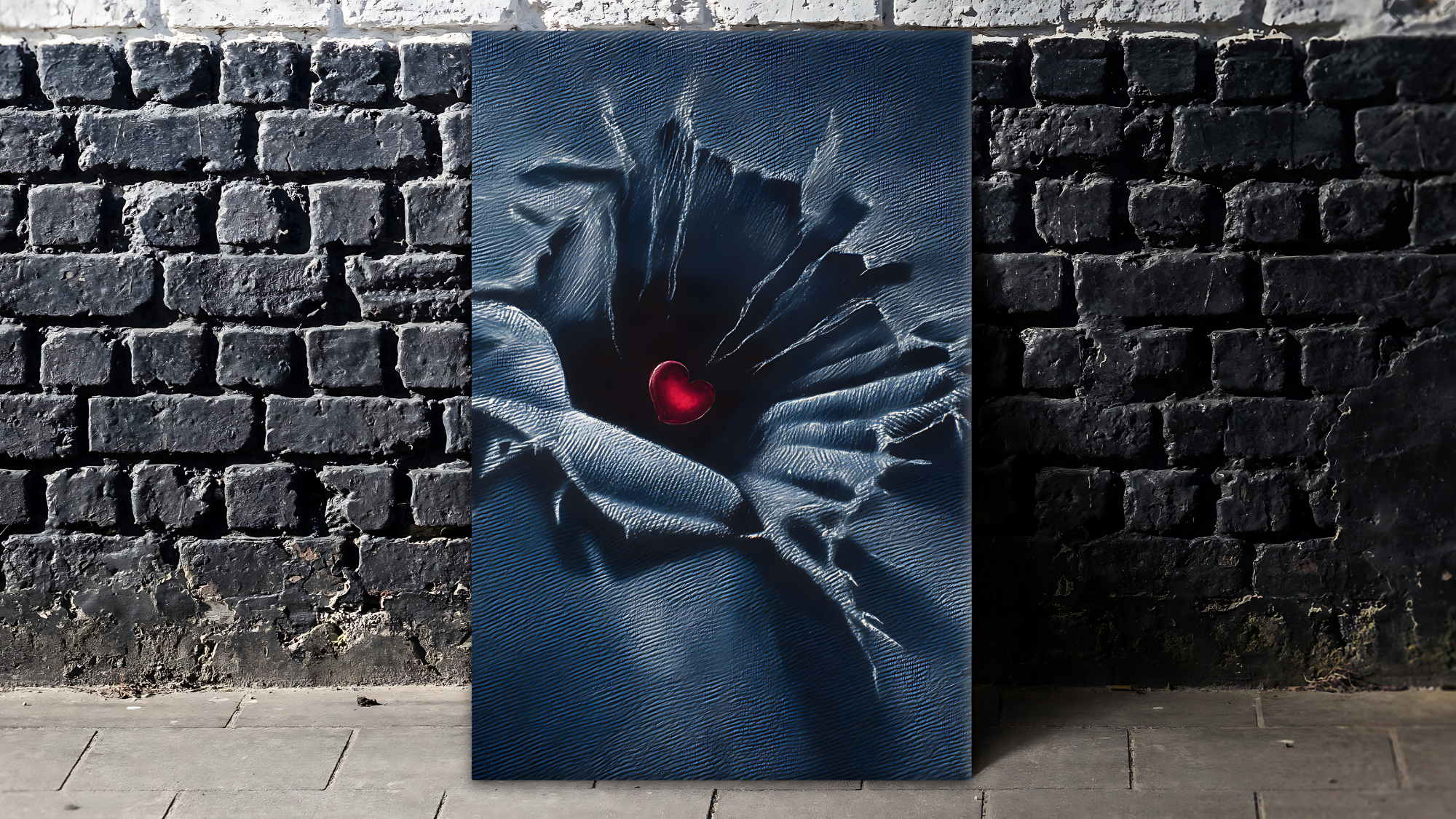 Abstract art piece with a red heart-like feature against a brick wall.
