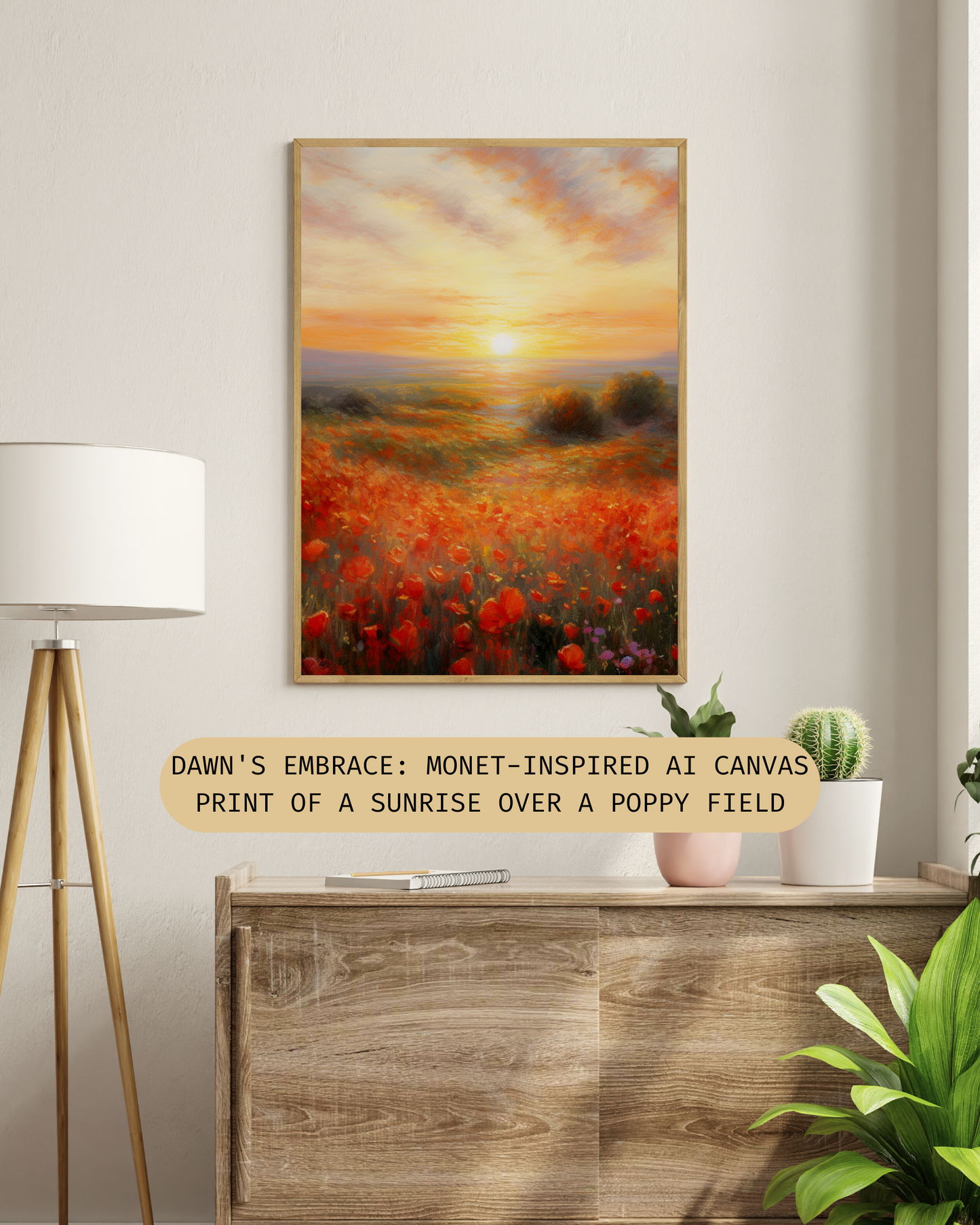 "Dawn's Embrace": Monet-Inspired AI Canvas Print of a Sunrise Over a Poppy Field