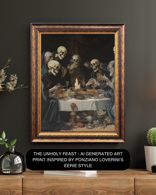 "The Unholy Feast" - AI Generated Art Print Inspired by Ponziano Loverini's Eerie Style