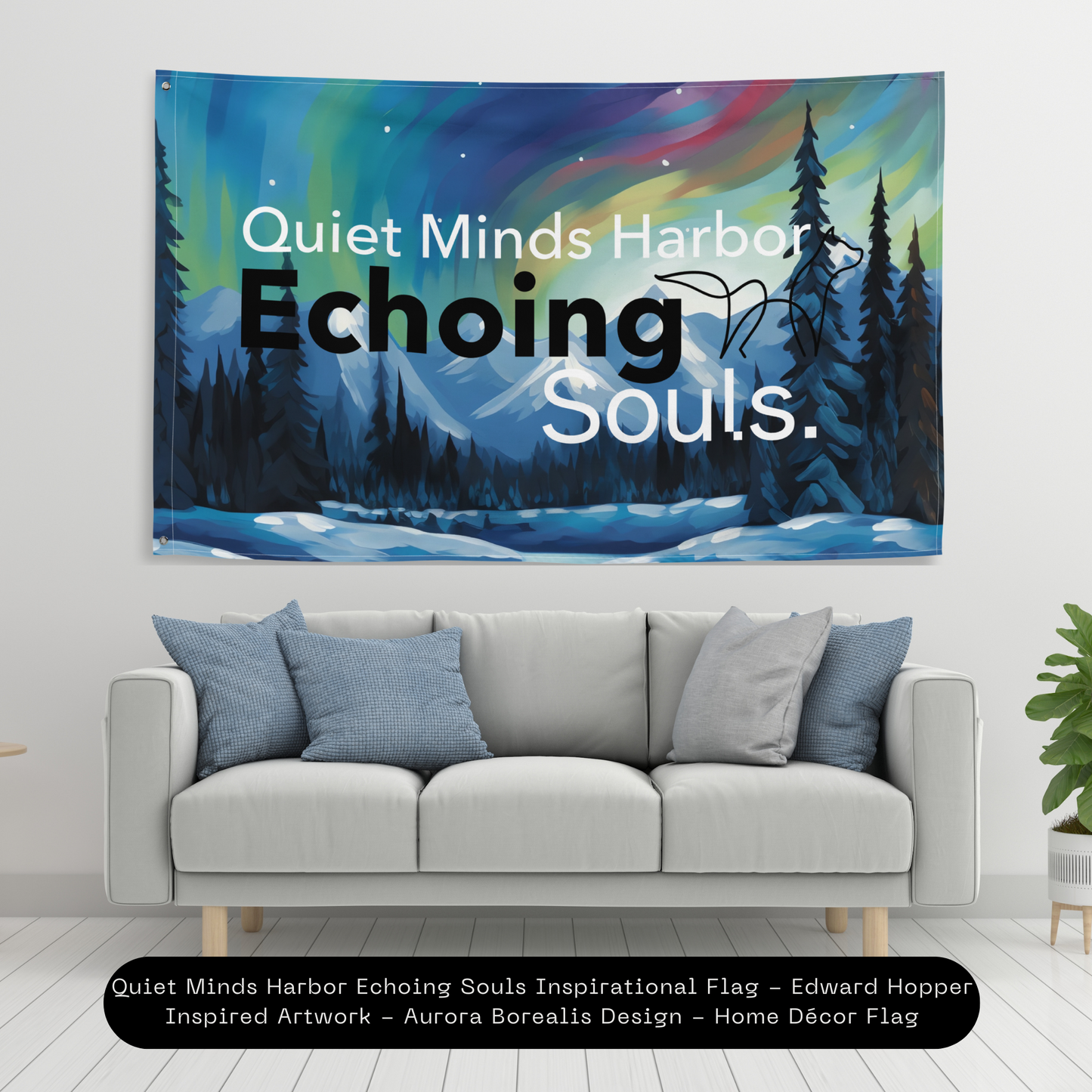 Quiet Minds Harbor Echoing Souls Inspirational Flag - Edward Hopper Inspired Artwork - Aurora Borealis Design - Home Décor Flag