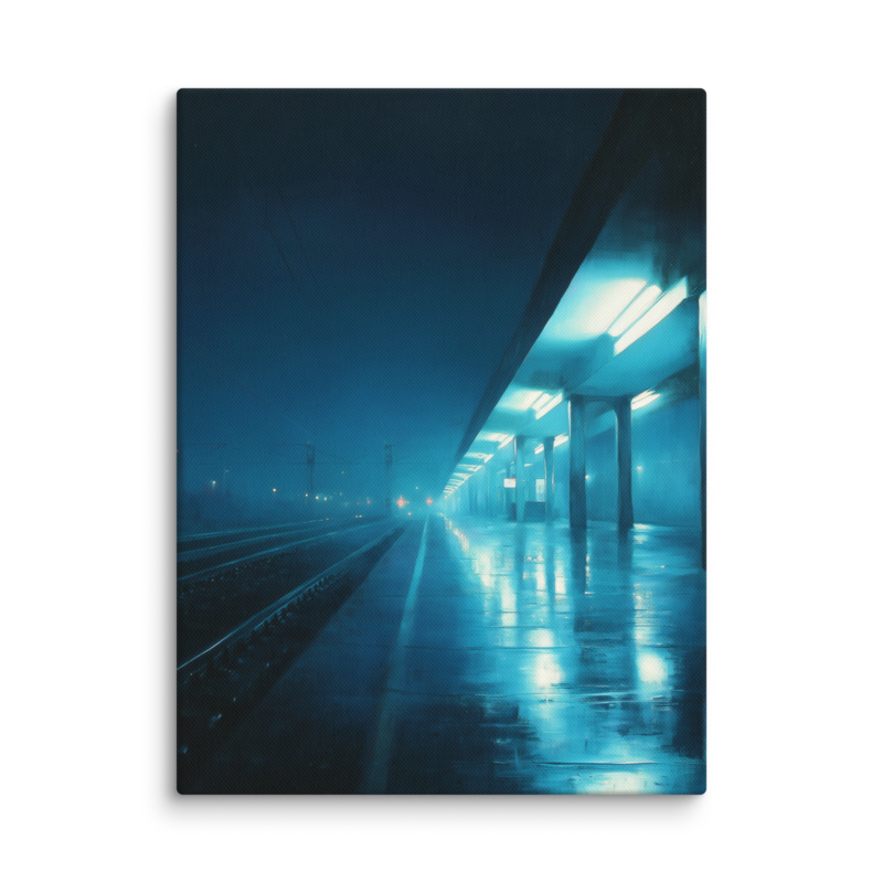 Moody Urban Wall Art – Rainy Train Platform Canvas Print | Dark Blue Cinematic Home Decor