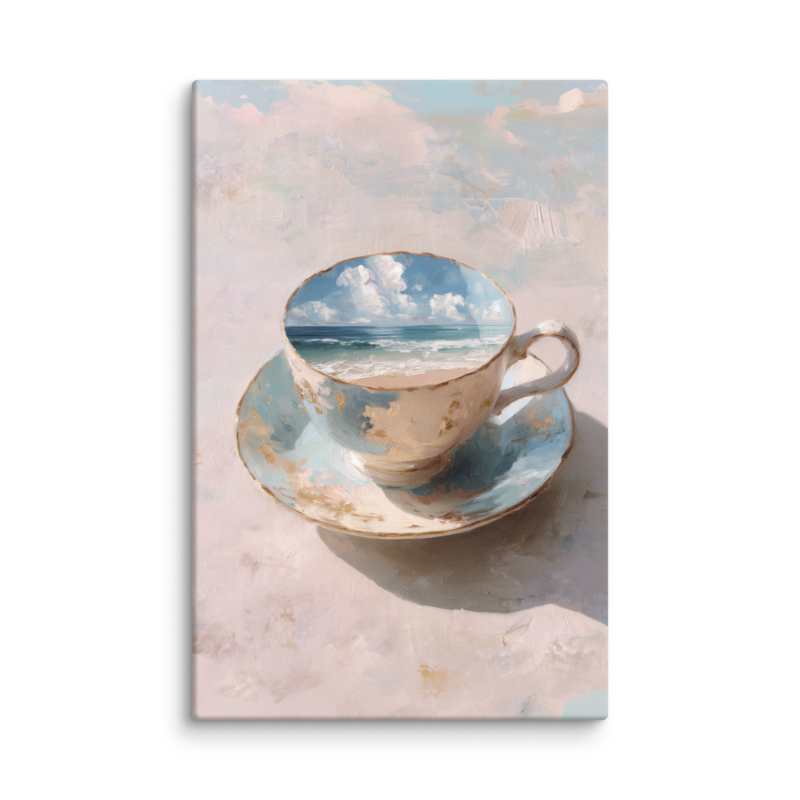 Coastal Teacup Canvas Print – Surreal Ocean Wall Art | Whimsical Beachy Home Decor