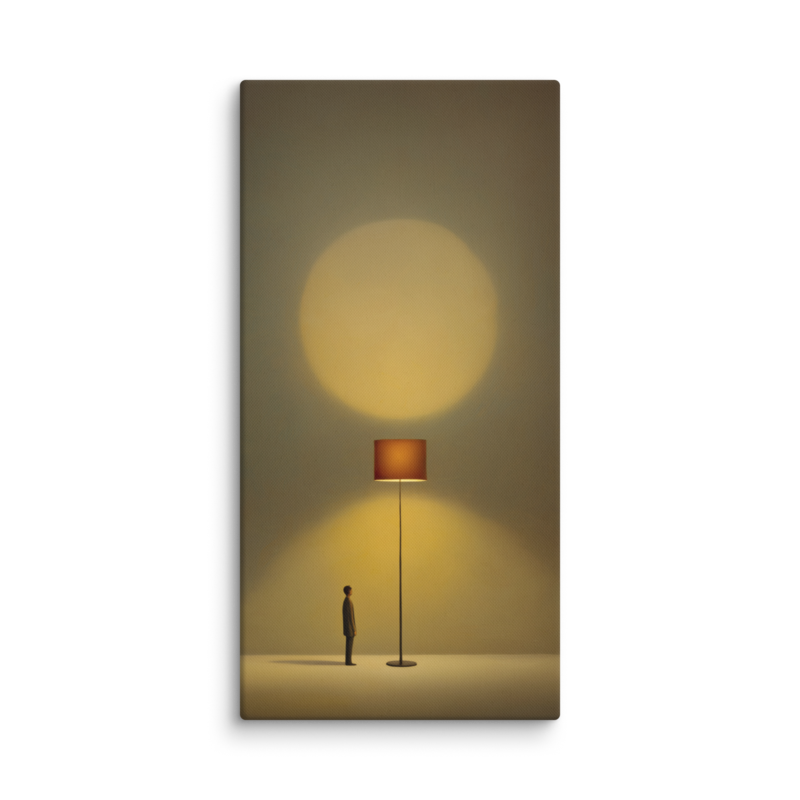Tiny Figure & Lamp Canvas Print – Minimalist Surrealist Wall Art | Japandi Warm Home Decor